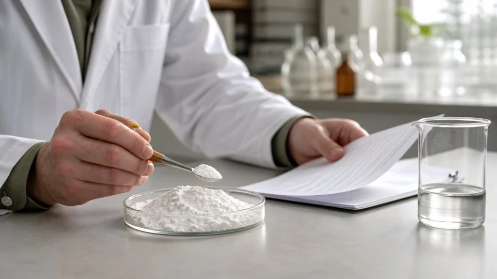 Formulation engineer reviewing an unlabeled white powder sample beside a clear beaker and technical document