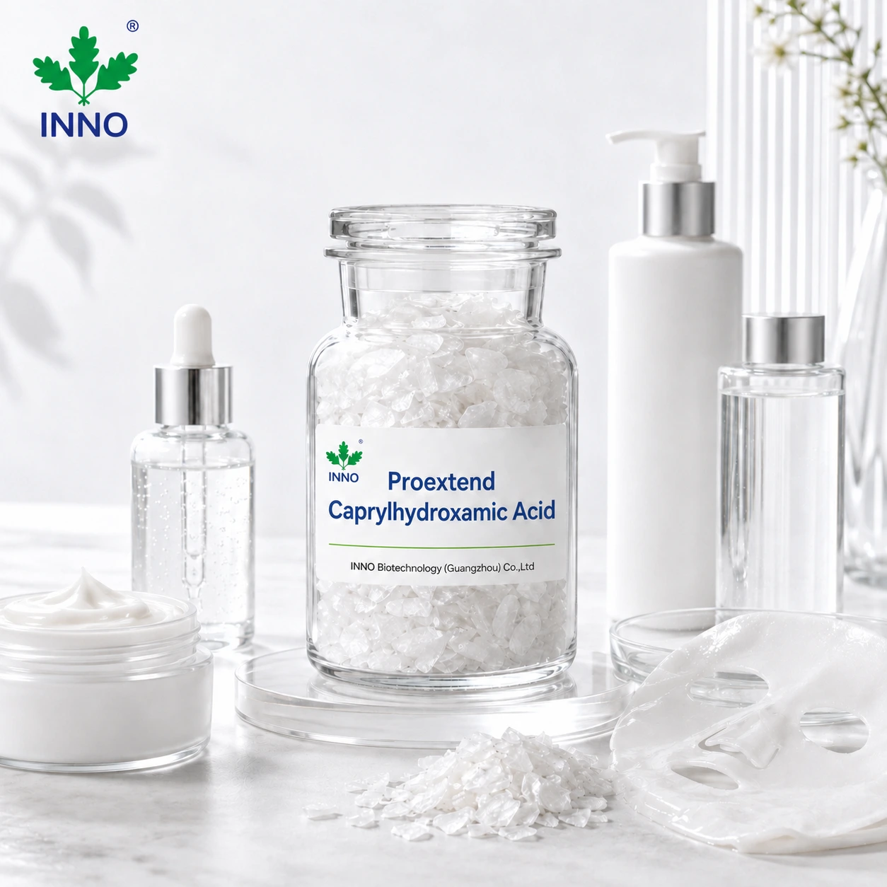 Caprylhydroxamic Acid Cosmetic Grade raw material, white crystalline flakes
