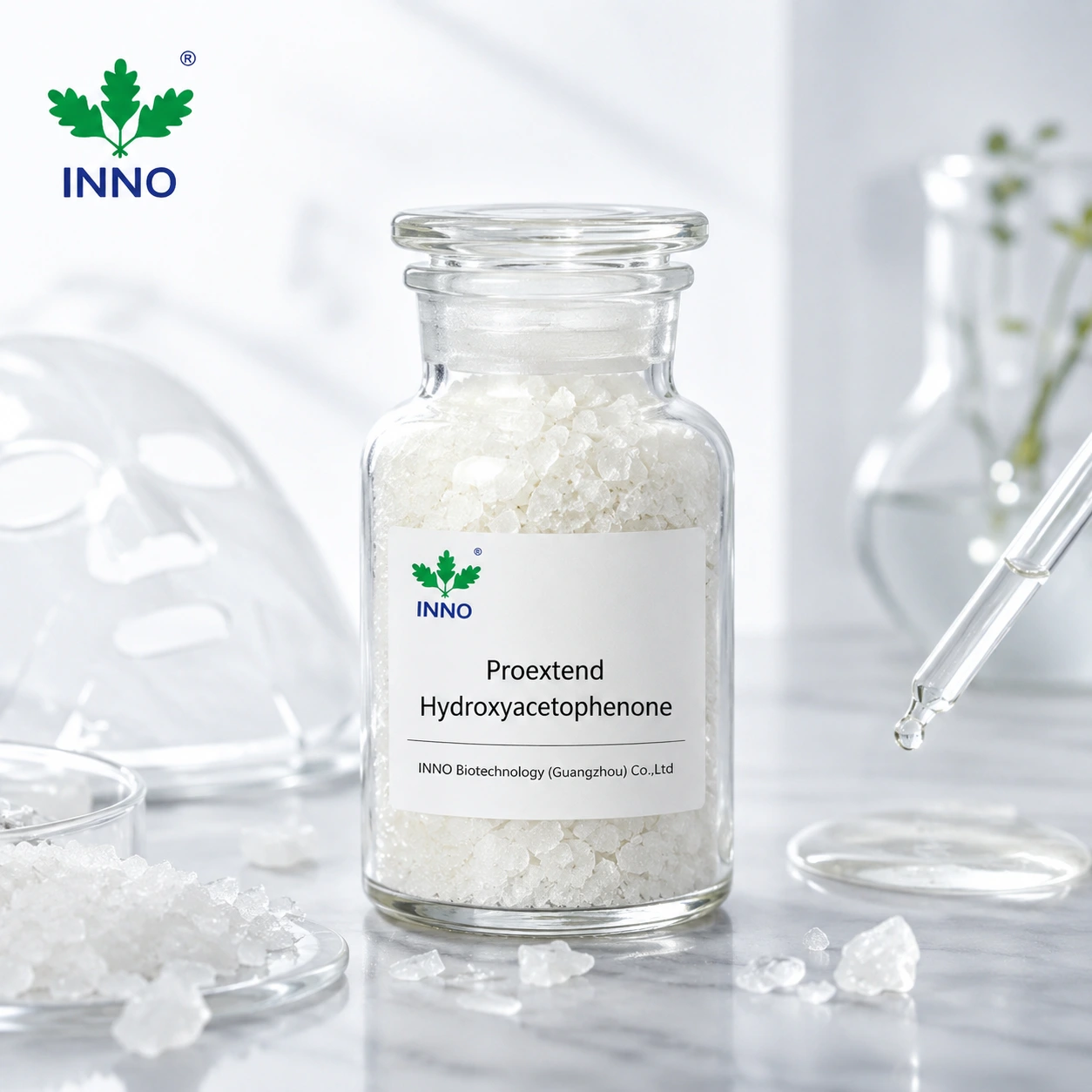 Hydroxyacetophenone Cosmetic Grade raw material, white to off-white crystalline solid