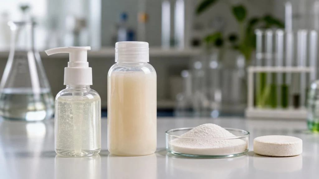 Unlabeled facial cleanser, shampoo, cleansing powder and cleansing tablet prototypes arranged on a formulation bench